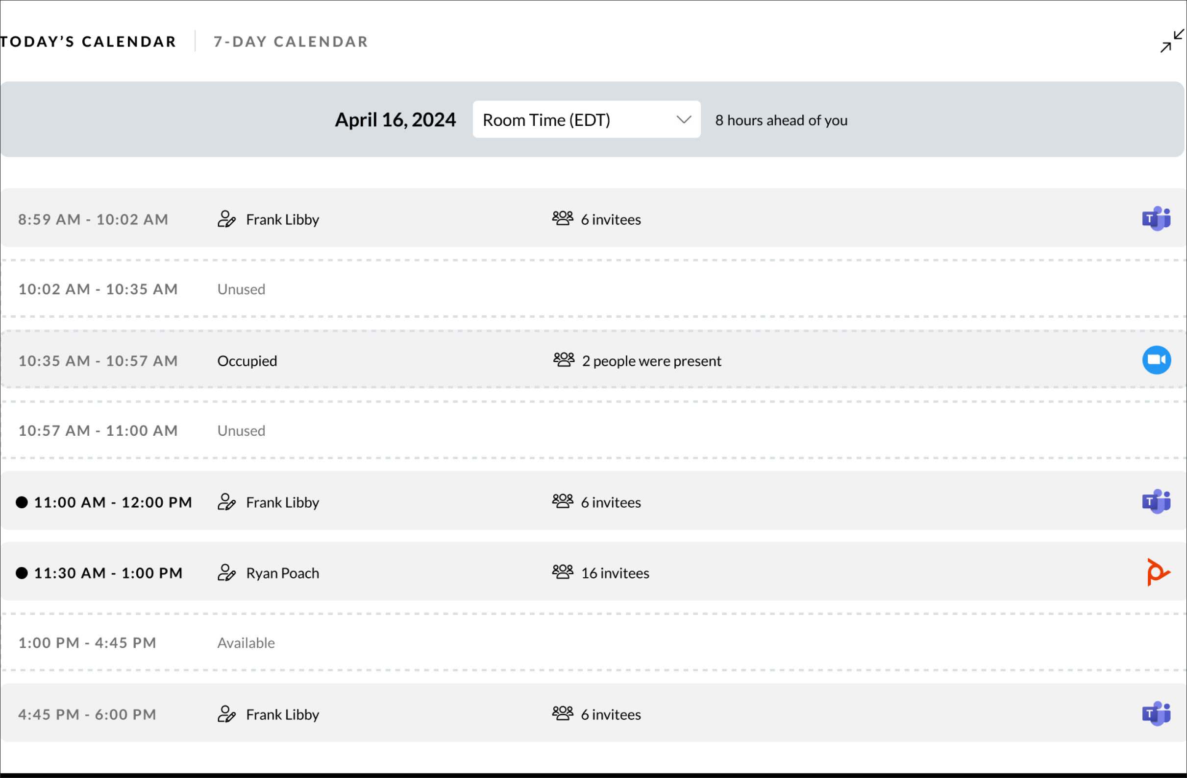 Today's Calendar displayed on Rooms Details page