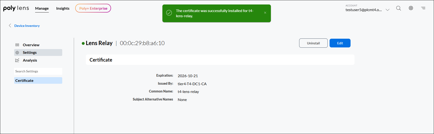 Poly Lens Relay Certificate page with successful message displaying