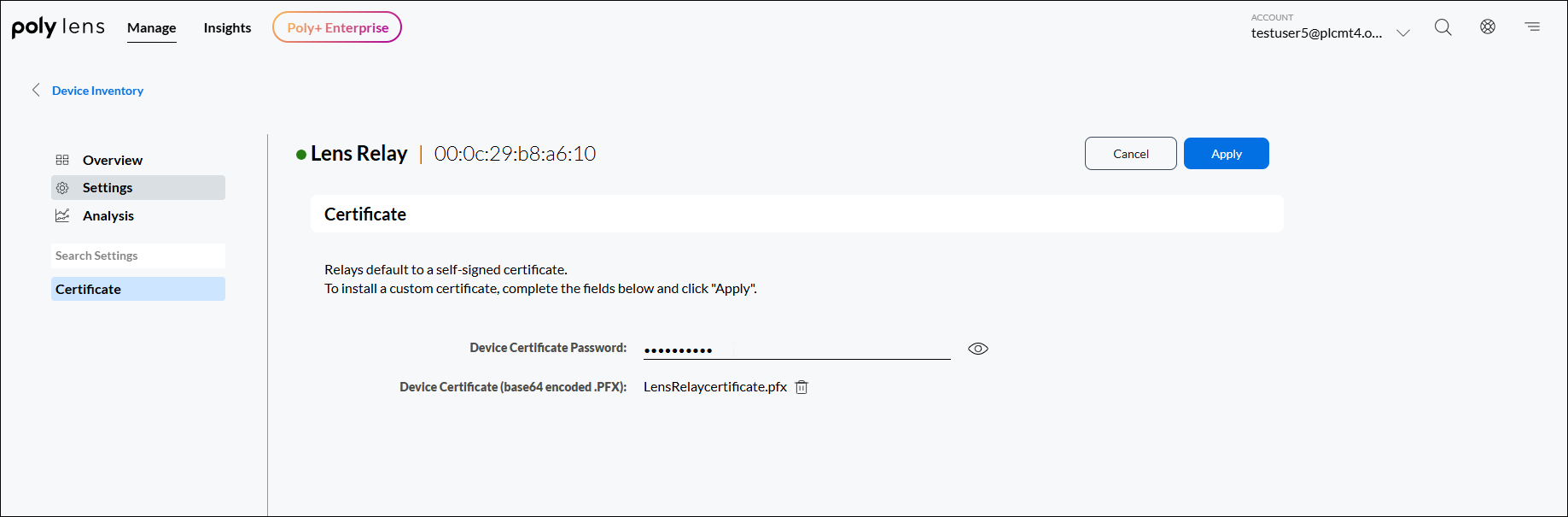Poly Lens Relay Certificate page password example