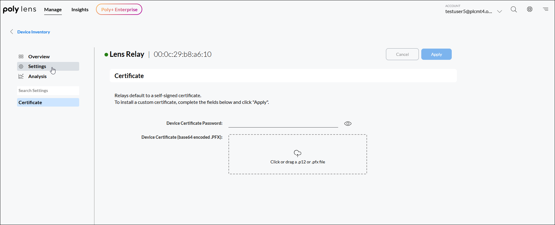 Poly Lens Relay Settings - Certificate page