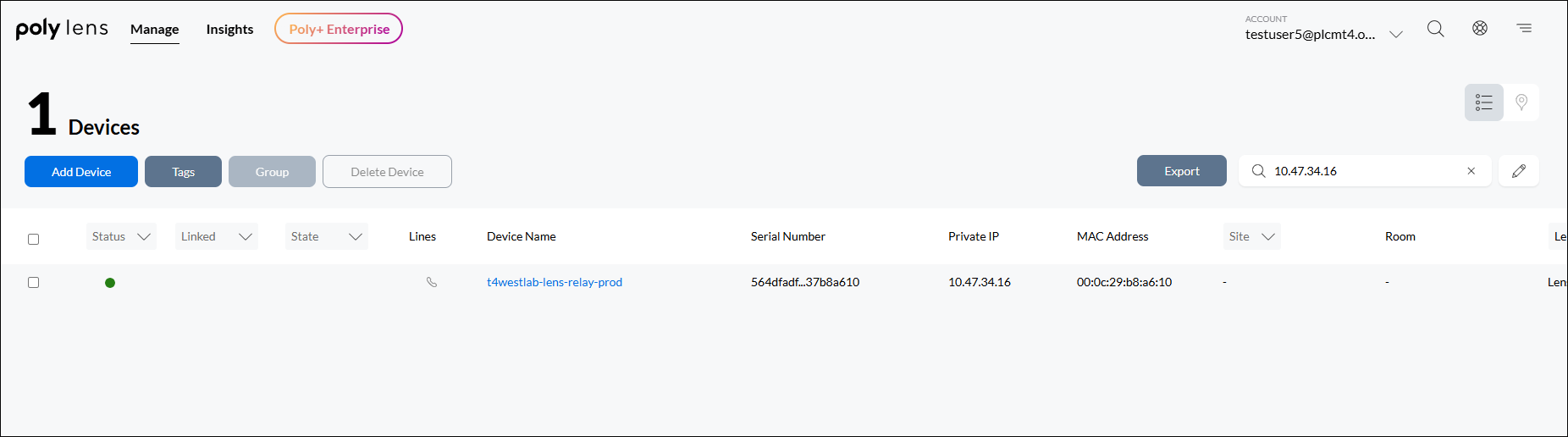Poly Lens Inventory page displaying the created Poly Lens Relay