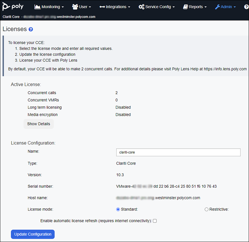 Poly Clariti Core Admin > Services > Licenses page