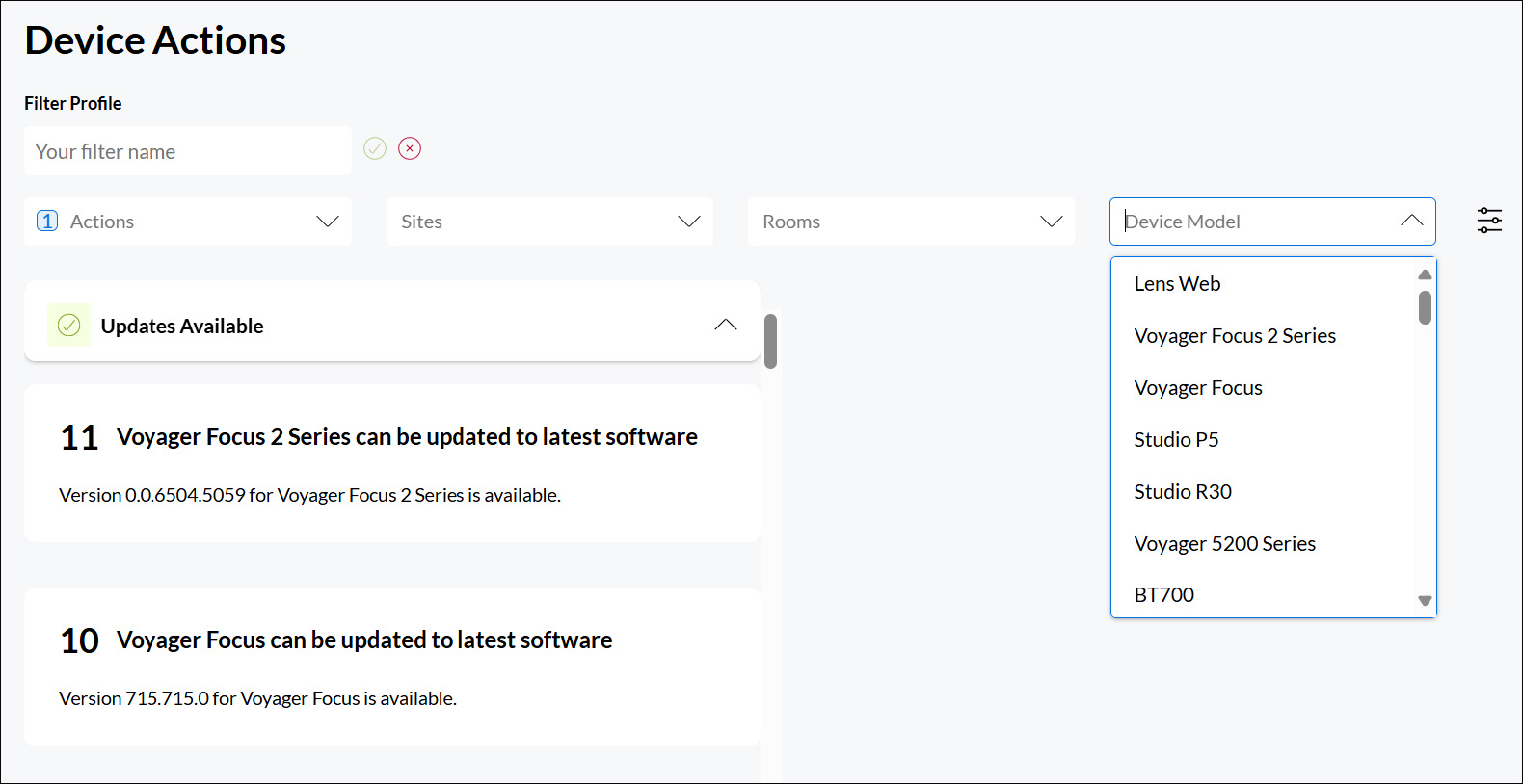 Poly Lens cloud Device Actions page