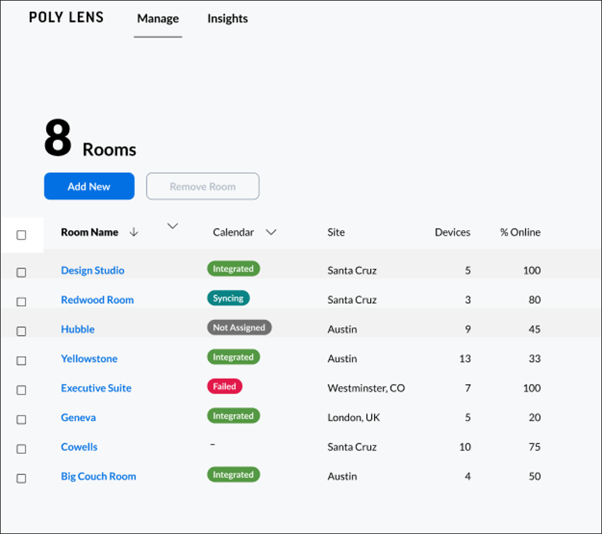 Lens Rooms list with Calendar
