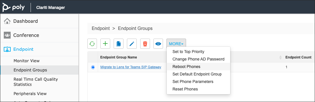 Screenshot of Clariti Manager > Endpoint > Endpoint Groups page