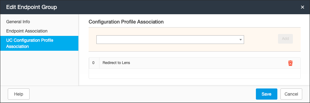 Screenshot of Edit Endpoint Group > UC Configuration Profile Association page