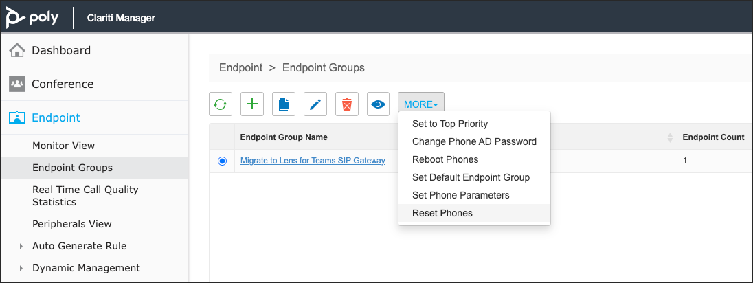 Screenshot of Clariti Manager > Endpoint > Endpoint Groups page